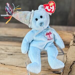 2002 Ty Beanie Baby March The Birthday Bear, Party Hat, Aquamarine Colored Nose